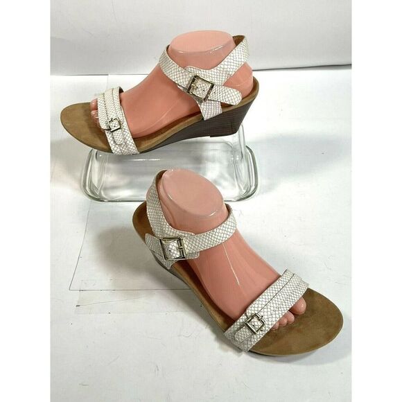 Vionic White Sandals Size 10 Laurie Wedge Ankle Strap Buckle Snake Print - Picture 2 of 12